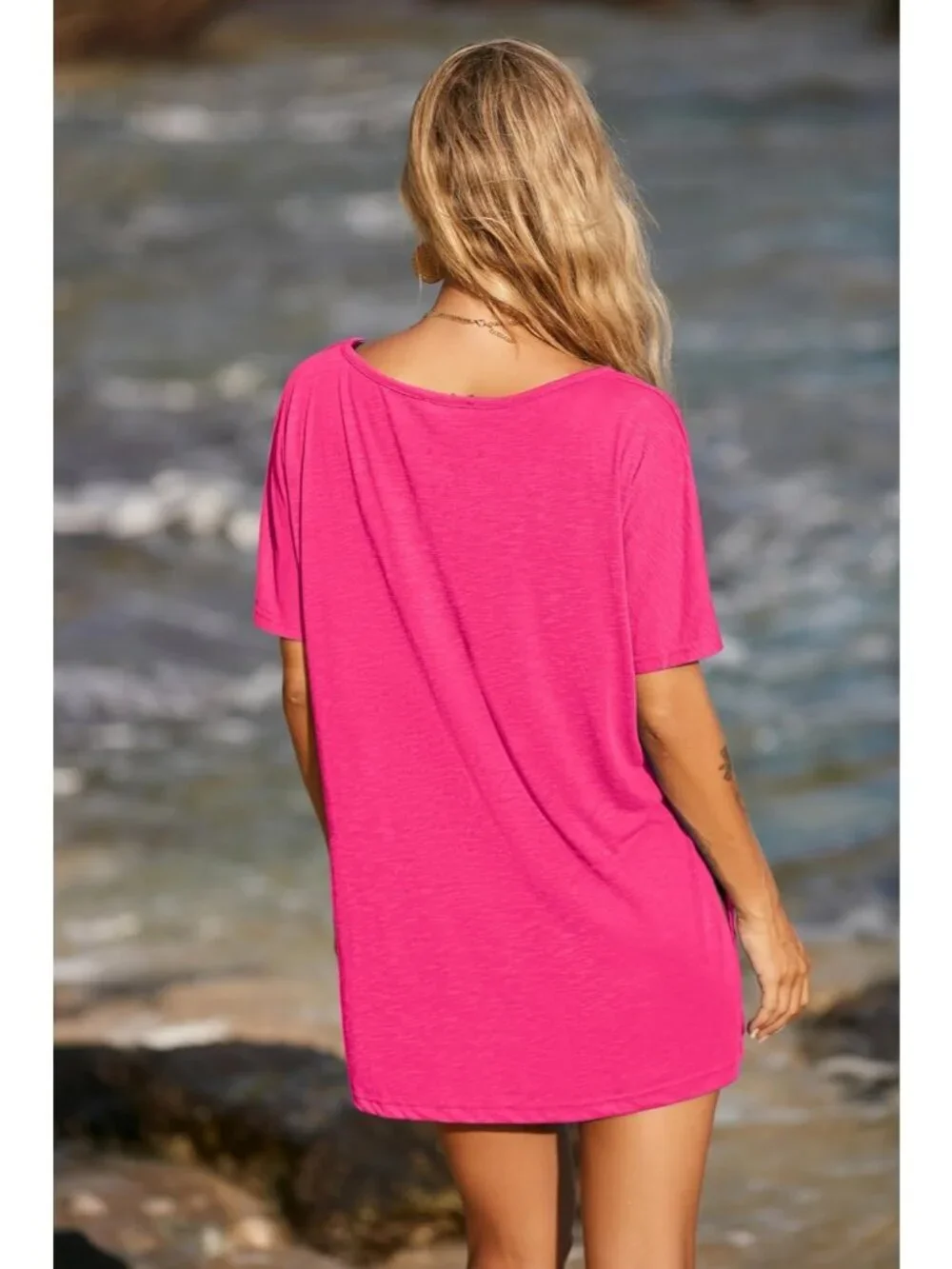 Women's Hot Pink Stylish Short Sleeve Cover Ups for Beach Bathing Suit Swimwear